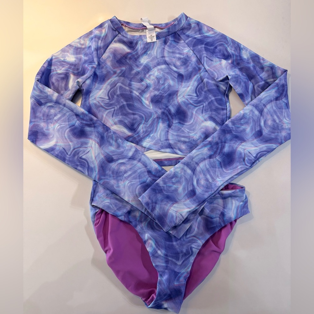 Zella Girls Purple Swirl Long Sleeve Rashguard Swim Set